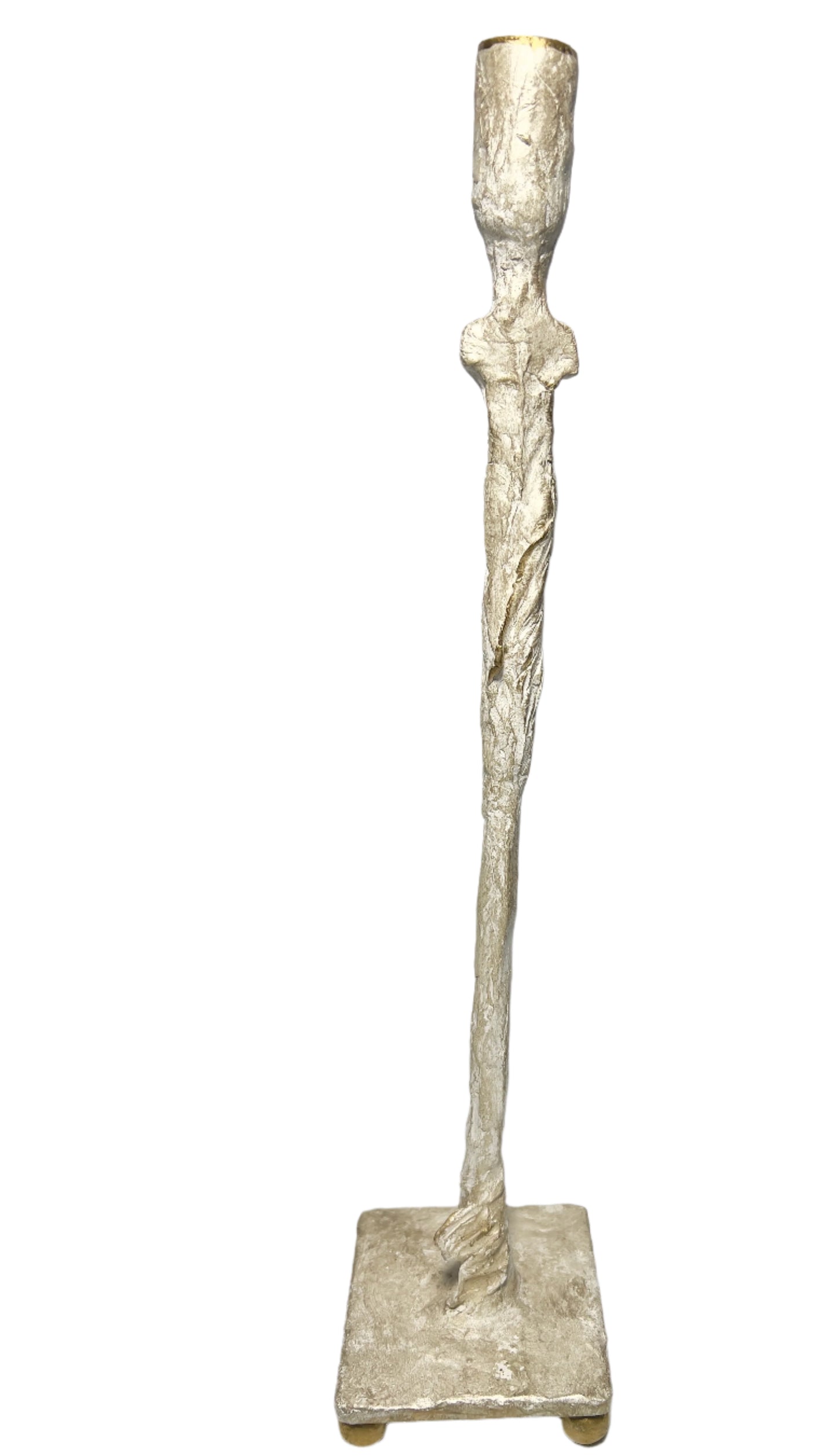 Silver candle holder with a figurine on a white background